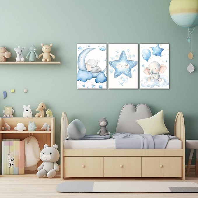 Nursery Wall Art Baby Boy Wall Decor Blue Elephant Moon and Stars Painting Prints Cute Animal Canvas Poster for Kids Room Decor Framed(Baby-2,24L x 36W x 3Pcs)