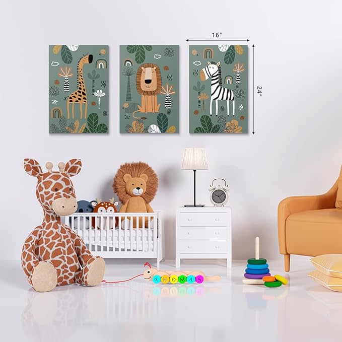SKYSUKEY Boho Nursery Wall Art Baby Safari Nursery Prints Neutral Nursery Wall Art Nursery Decor Framed Green Nursery Canvas Prints Safari Baby Animals Wall Art Prints Set of 3, Framed, Boys Girls Kids Room Wall Decor, 16"x24"