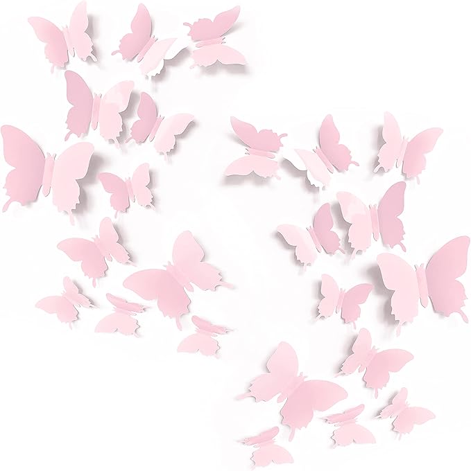 Cute Pink Butterfly Wall Decor 24 pcs, Girls Room Wall Decals, Danish Pastel Aesthetic Butterflies Stickers for Nursery Decorations, Baby Toddler Room Decor for Girls