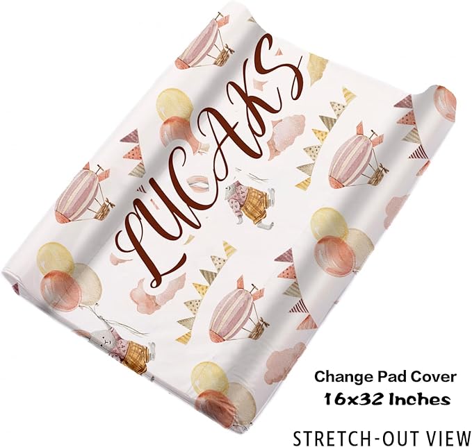 Personalized Crib Bedding Set, Custom Name Baby Bedding 5-Pcs Set - Blanket Fitted Sheet Changing Pad Cover Nursery Rug Wall Art, Balloon-Themed Nursery Decor for Newborn Boys Girls