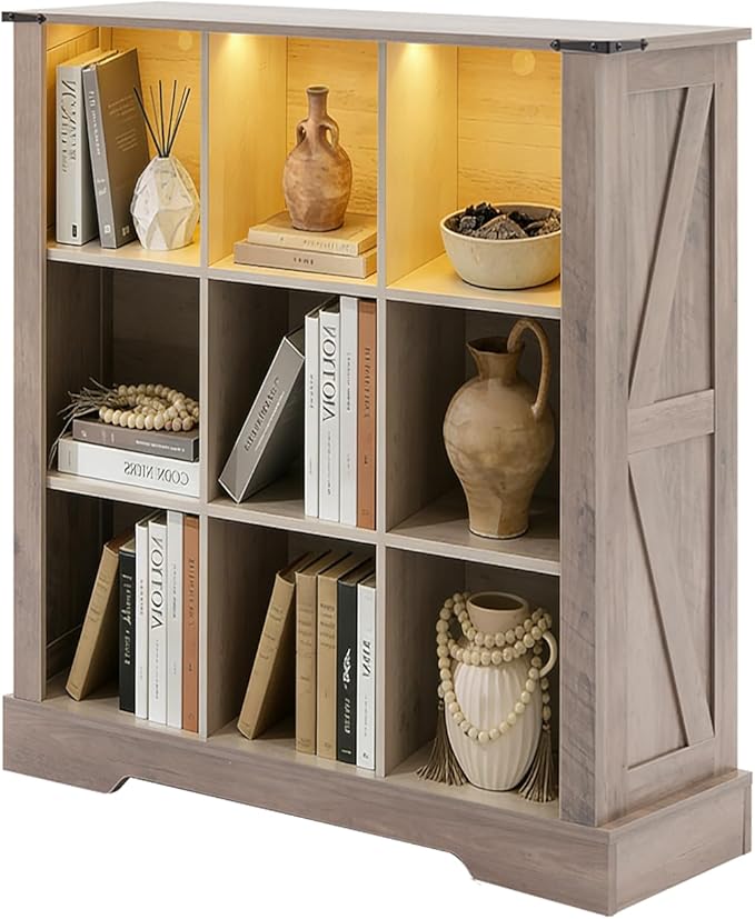 Puntogen 9 Cube Storage Organizer, Wood Cube Bookshelf with LED Lights, Horizontal Storage Cubes, Kids Bookshelf, Display Cabinet Cubby Shelf for Living Room Home Office Bedroom，Grey