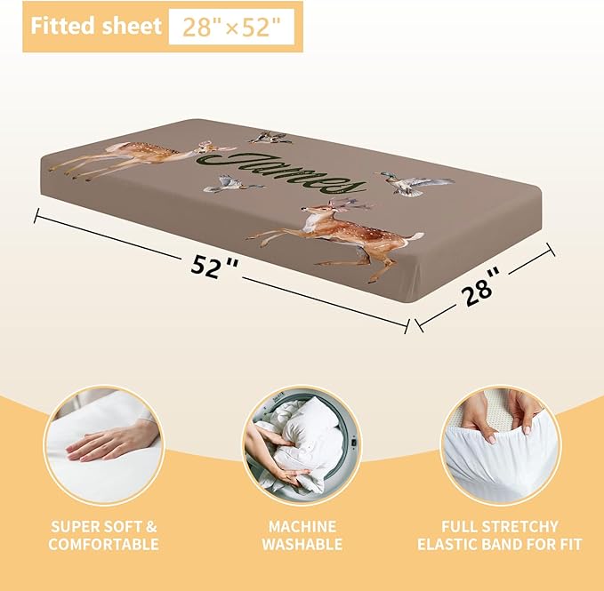 Personalized Crib Bedding Set - 3 Pcs Custom Name Baby Bedding Set for Nursery, Cool Double Layer Baby Crib Set for Boys Girls, Customized Gifts for Toddler Infant New Parents, Woodland Deer