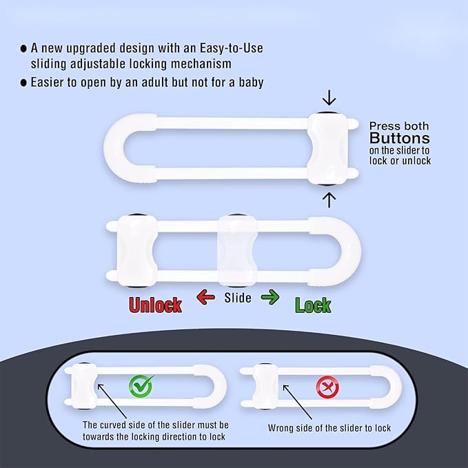 Sliding Cabinet Locks for Babies, Baby Proofing Adjustable U-Shaped Baby Safety Latches for Handles Knobs Drawers, Fridge, Closet, Cupboard, Closet with Secure Lock Buttons,10Pack (White)