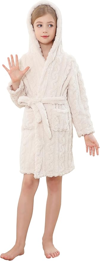 Umeyda Girls & Womens Twist Fleece Robes, Hooded Soft Warm Bath Robe for Kids Womens Fuzzy Bathrobe for Gifts