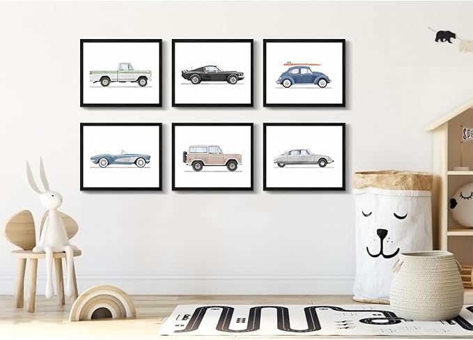 Blue Car Wall Art Decor Boys Room Wall Art Vintage Cars Canvas Poster Pictures Toddler Kids Room Prints Watercolor Vehicle Artwork Painting for Boys Bedroom Nursery 12x16 Inch Black Framed Set of 6