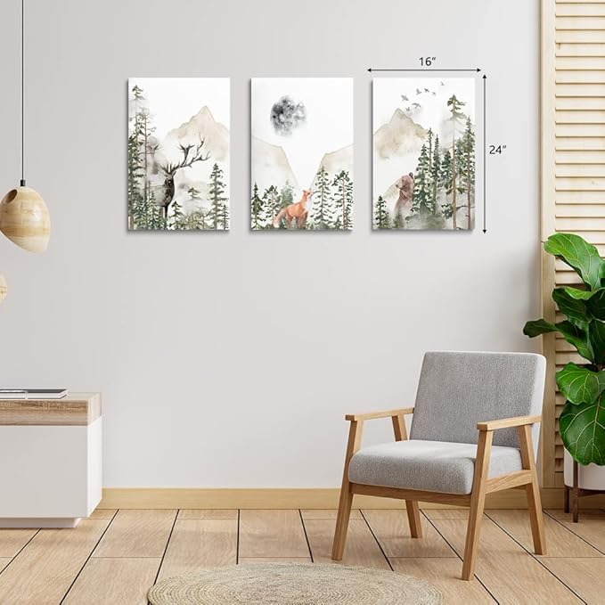 SKYSUKEY Nursery Wall Decor Foggy Forest Animal Wall Art Woodland Adventure Boy Nursery Decor Watercolor Mountain Outdoor Nature Canvas Prints for Boy's Room Girl's Room, Framed Set 3, 12"x16"
