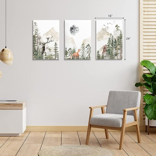 Nursery Wall Decor Wild Woodland Animals Art Poster Foggy Forest Wall Art Adventure Nursery Decor Mountain Wall Art Beige Green Prints for Boy's Room Girl's Room Toddler, Framed Canvas Set 3, 16"x24"