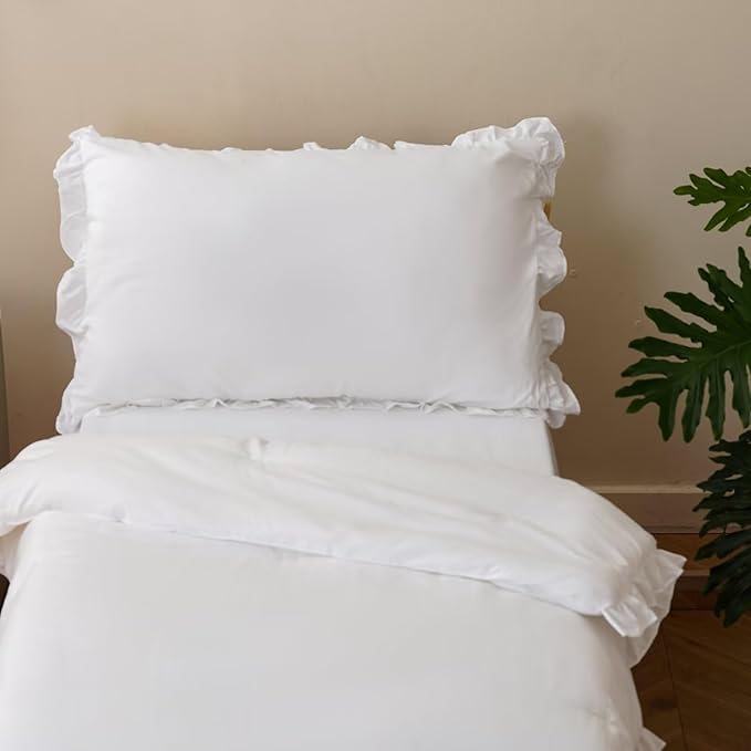 CLOTHKNOW White Toddler Bedding Sets, 4 Pieces White Ruffles Farmhouse Pattern, Soft Crib Bed Set Including Comforter, Flat Sheet, Fitted Sheet and Pillowcase