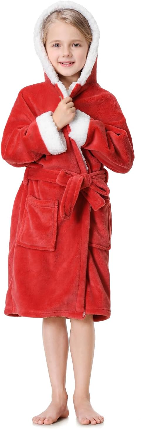 Hooded Herringbone Girl's Fleece Soft Spa Kimono Long Robe,Kids Comfy Sleepwear Bathrobe