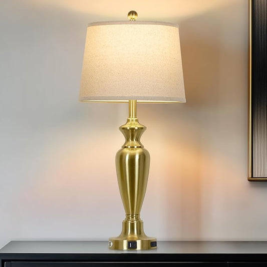 Cinyirong 30" Tall Gold Table Lamp for Living Room, 3-Way Dimmable Touch Control Bedside Lamp for Bedroom Nightstand with USB A+C Ports & AC Outlet (1 Pack)