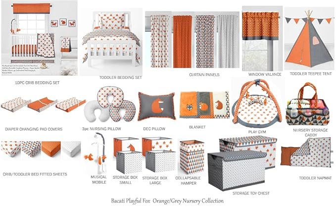 Bacati Playful Foxs 4 Piece Neutral Toddler Bedding Set, Orange/Grey 100 Percent Cotton Includes Reversible Comforter, Fitted Sheet, Top Sheet, and Pillow Case for Boys/Girls