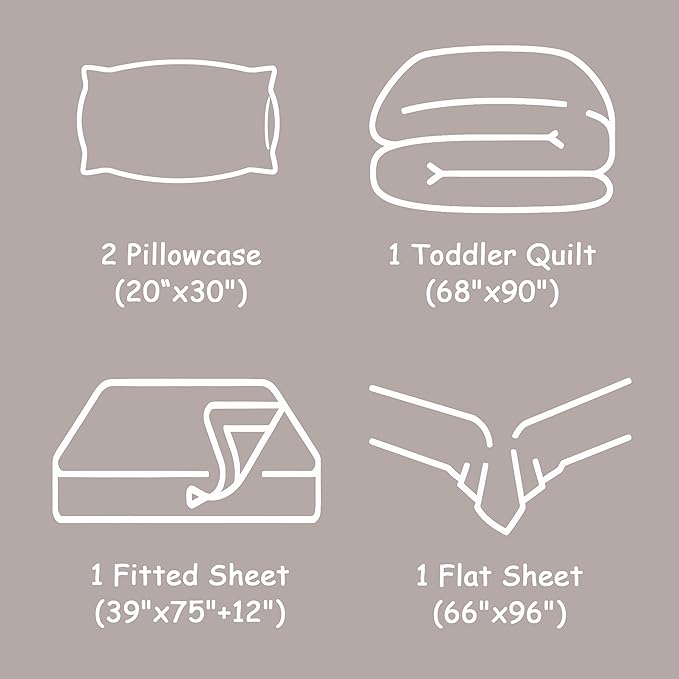 FLXXIE 5 Pieces Toddler Bedding Set, Soft and Breathable Microfiber Crib Sheet Set, Includes Quilted Comforter, Flat Top Sheet, Fitted Sheet, Envelope Pillow Case for Boys and Girls, Somke Grey