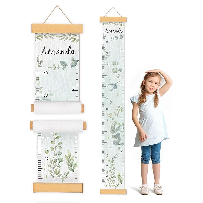 Woodemon Personalized Name Growth Chart for Wall, Eucalyptus Leaves Canvas Height Chart for Kids Baby Child Toddler Boys Girls, Canvas&Wood Growth Chart for Wall Room Nursery Decor,Easy Care