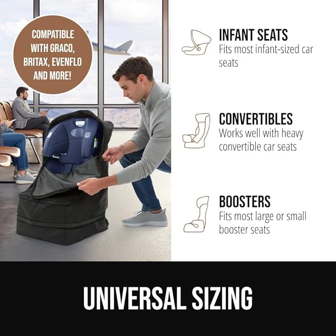 GORILLA GRIP Tear and Water Resistant Padded Car Seat Travel Bag for Airplane and Airport, Universal Fit Baby Carseat Bags, Handle & Shoulder Straps, Air Gate Check Toddler Stroller Carrier, Black
