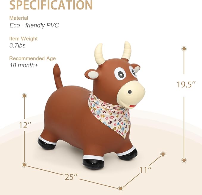 INPANY Bouncy Bull Farm Animal Hopping Toys for 1 2 Year Old Boy Gifts, Ride on Toddler Brown Cow Hopper, Kids Inflatable Jumping Horse, Outdoor Indoor Rubber Bouncer for 3 4 Yr Girl Birthday