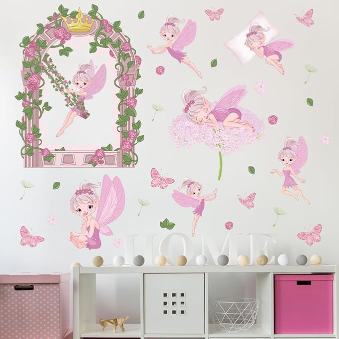 Fairy Girl Wall Decals Pink Flower Floral Butterfly Wall Stickers Baby Girl Room Wallpaper Peel and Stick Wall Art Decals for Girls Bedroom Kids Nursery Living Room