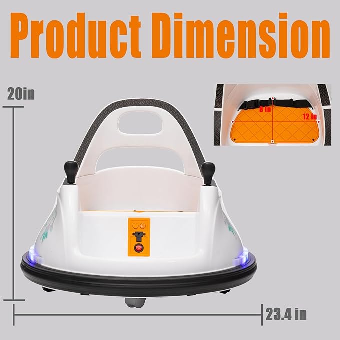FINITO 12V Ride On Electric Bumper Car for Toddlers with Remote Control, 360 Degree Spin, LED Lights, Music, Safety Belt for Age 3+ Years Kids, Gift for Boys and Girls, White