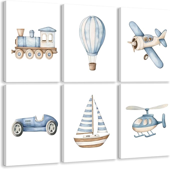 Baby Boy Nursery Wall Art Transportation Blue Car Canvas Prints Vintage Toddler Vehicle Pictures Decor Hot Air Balloon Airplane Nursery Poster for Kids Boys Room Bedroom 12x16x6 Inch Wrapped Canvas