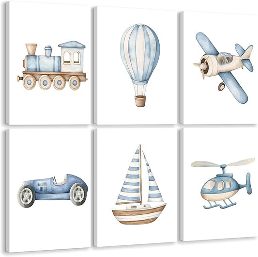 Baby Boy Nursery Wall Art Transportation Blue Car Canvas Prints Vintage Toddler Vehicle Pictures Decor Hot Air Balloon Airplane Nursery Poster for Kids Boys Room Bedroom 8x10x6 Inch Wrapped Canvas