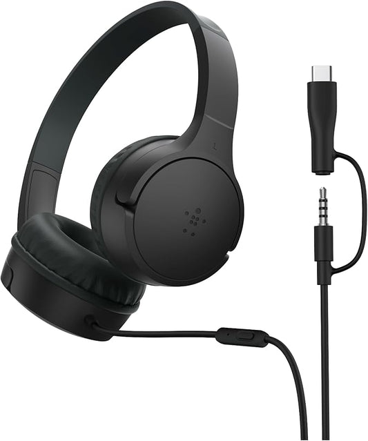 Belkin SoundForm Mini Kids Wired Headphones w/USB C to 3.5mm Dongle, Built-in Mic & Fun Stickers, 85dB Max Volume – for Online Learning, Travel, Compatible w/iPhone 16, iPad, Galaxy S25, etc - Black
