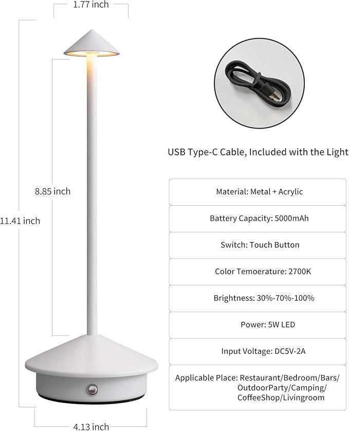 NEWSEE Modern Cordless Table Lamp Set of 2, Portable LED Desk Lamps, 5000mAh Rechargeable Battery Operated Lighting for Bedroom Dining Room Restaurant Coffee Shop Camping Night Light (White)