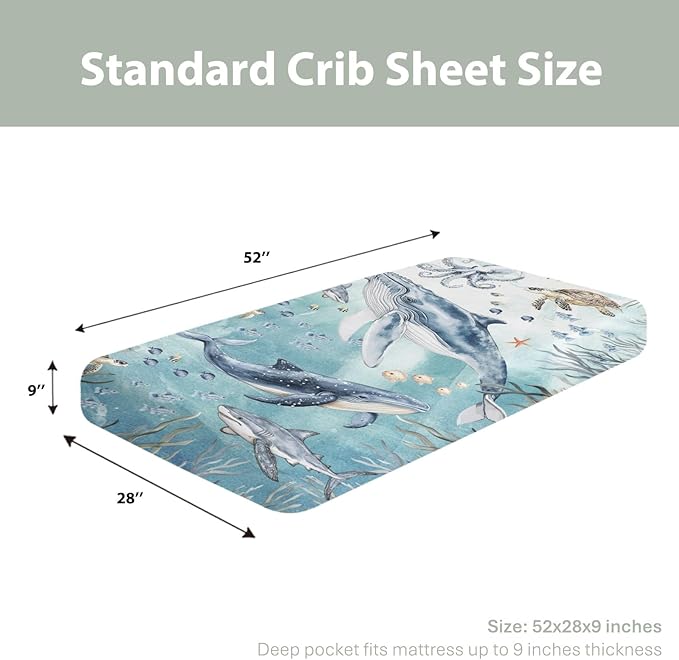 Under The Sea Baby Crib Sheets Boy Girl 52"x28" Boho Whale Shark Turtle Fishes Coral Seaweed Soft Snug Fitted Crib Mattress Cover Ocean Marine Coastal Baby Sheet for Standard Crib & Toddler Mattress