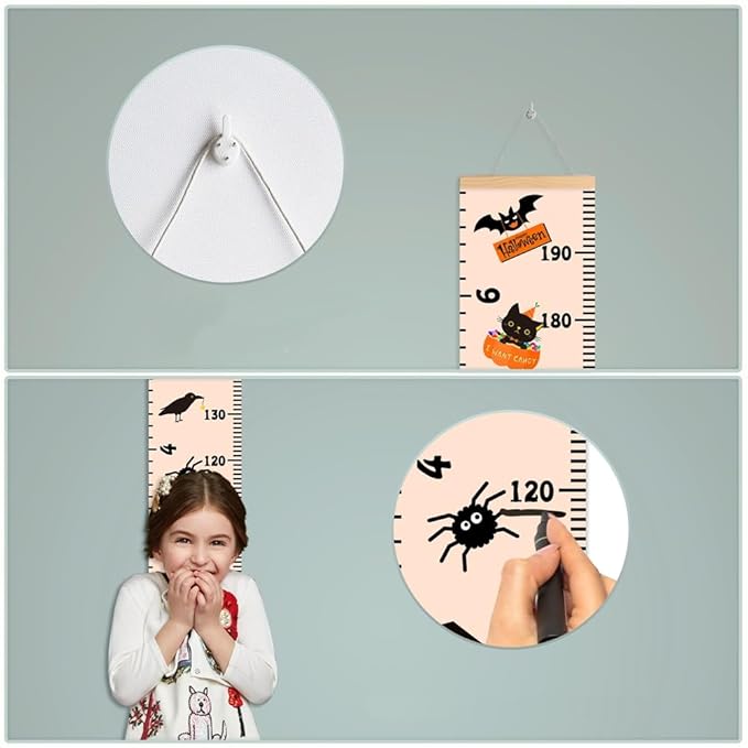 Halloween Baby Height Growth Chart - Canvas Height Chart for Kids Baby Child Toddler Boys Girls Growth Chart for Wall Room Nursery Decor Hangable and Removable Measuring Wall Ruler (A, Black Wood)