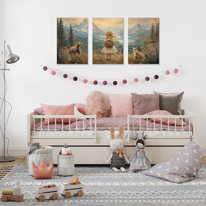 Girls' Adventure Nursery Decor, Set of 3 Framed Canvas Wall Art, Wilderness & Baby Animal Prints for Kids Room, Mountain Woodland Nursery Wall Art, Baby Girl's Nature Landscape Wall Decor, 16"x24"