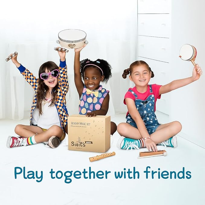 Stoie's Wooden Toddler Musical Instruments with Drum, Hand Bells, Flute, Maracas, Castanet, Tamburine, for Babies and Kids, Eco Friendly Montessori Educational Toy