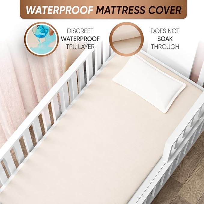 Organic Cotton Percale Waterproof Crib Mattress Protector – 280 GSM, Breathable, Soft Natural Feel – Fitted, Fits Standard Baby Crib Mattress (52" x 28")