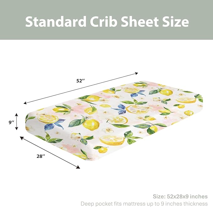 Lemons Baby Crib Sheets for Boy Girl 52x28Inch Lemon Branch Leaves Flowers Soft Stretchy Fitted Crib Mattress Covers Tropical Summer Fruits Baby Sheet for Standard Crib and Toddler Bed Mattress