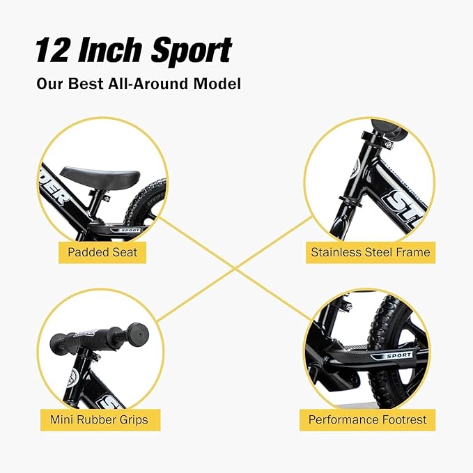 Strider 12” Pro Bike - Helps Teach Baby How to Ride a Balance Bicycle - for Kids 6 Months to 4 Years - Easy Assembly & Adjustments