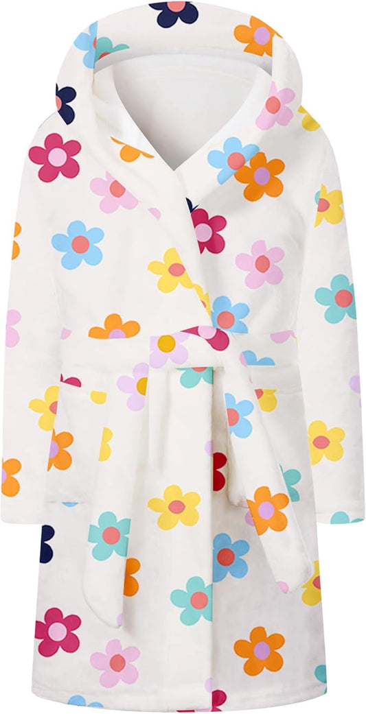 Umeyda Girls Fleece Hooded Robes, Warm Printed Bath Robe for Kids Soft Fuzzy Bathrobe for Gifts