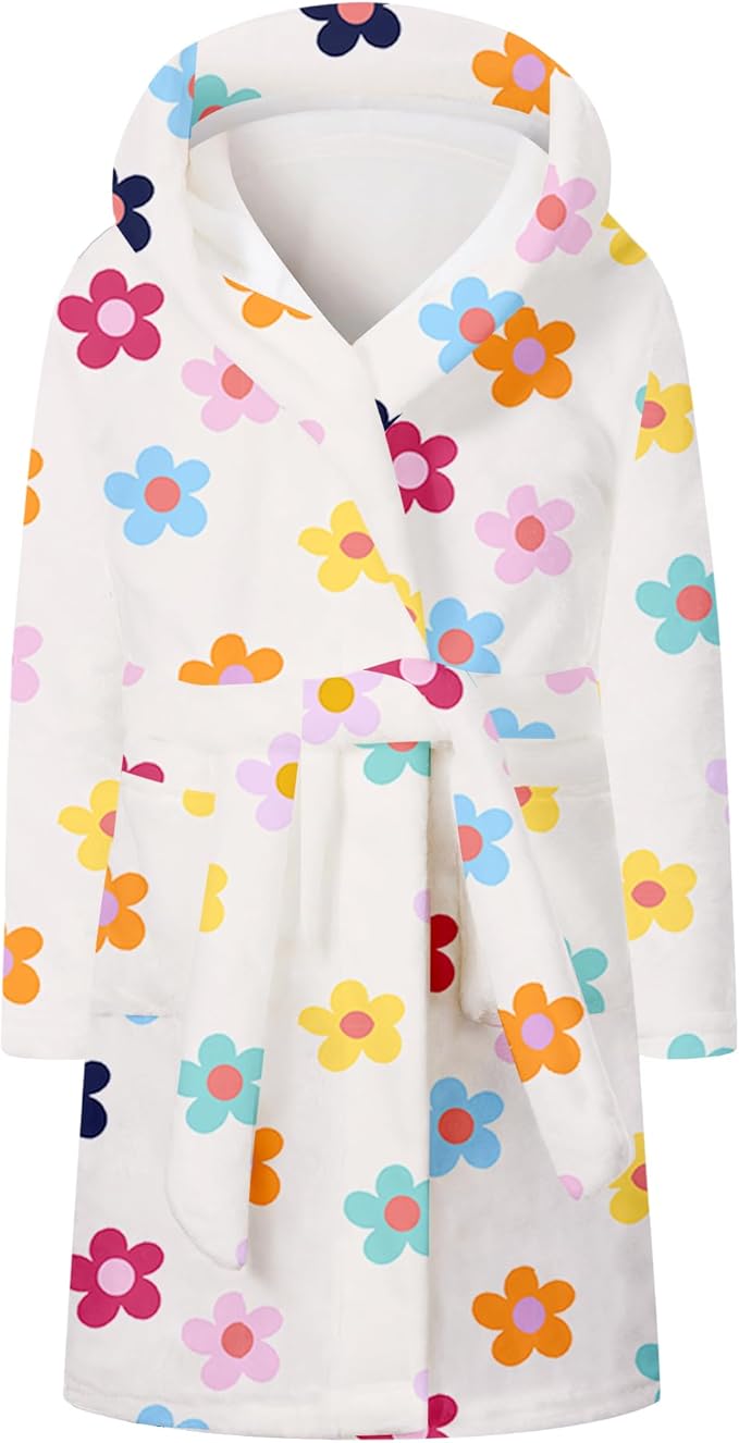 Umeyda Girls Fleece Hooded Robes, Warm Printed Bath Robe for Kids Soft Fuzzy Bathrobe for Gifts