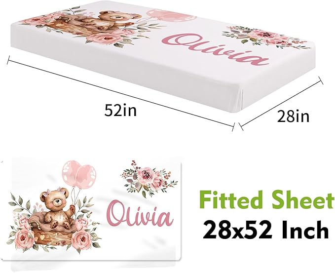 Personalized Baby Crib Bedding Set, Custom Name Pink Bear Theme Baby Bedding 2-Pcs Set - Soft Double Layer Dotted Blanket and Fitted Sheet, Nursery Bedding for Newborn Boys Girls, Perfect Shower Gift