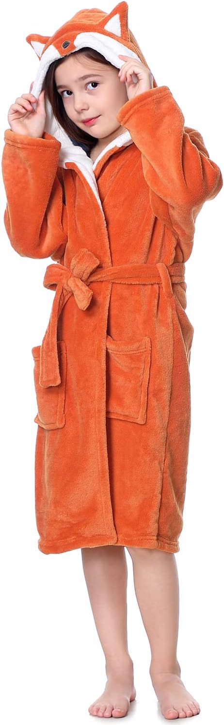 Hooded Herringbone Girl's Fleece Soft Spa Kimono Long Robe,Kids Comfy Sleepwear Bathrobe