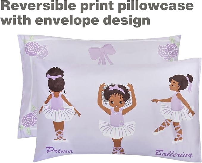EVERYDAY KIDS 4 Piece Toddler Bedding Set – African American Ballerina - Includes Comforter, Flat Sheet, Fitted Sheet and Reversible Pillowcase – Girls Toddler Bedding