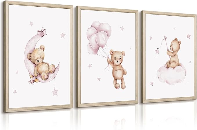 Bear Nursery Wall Art Decor Teddy Bear Wall Art Baby Girl Canvas Wall Decor Pink Pictures Balloon Nursery Children Prints Artwork Moon Star Cloud Art for Boys Room Bedroom 16x24x3 Inch Wood Framed