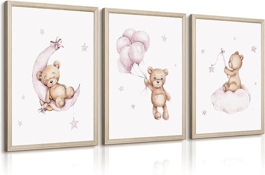Bear Nursery Wall Art Decor Teddy Bear Wall Art Baby Girl Canvas Wall Decor Pink Pictures Balloon Nursery Children Prints Artwork Moon Star Cloud Art for Boys Room Bedroom 16x24x3 Inch Wood Framed