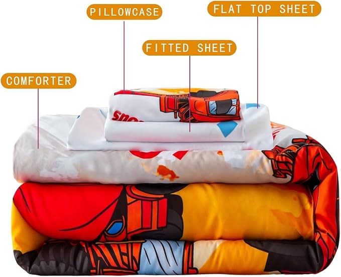 4 Piece Toddler Bedding Set for Boys,Cars Construction Toddler Bed Comforter Set Includes Comforter,Flat Sheet,Fitted Sheet and Pillowcase,Christan Trucks Tractors Bed in A Bag for Kids Bedroom