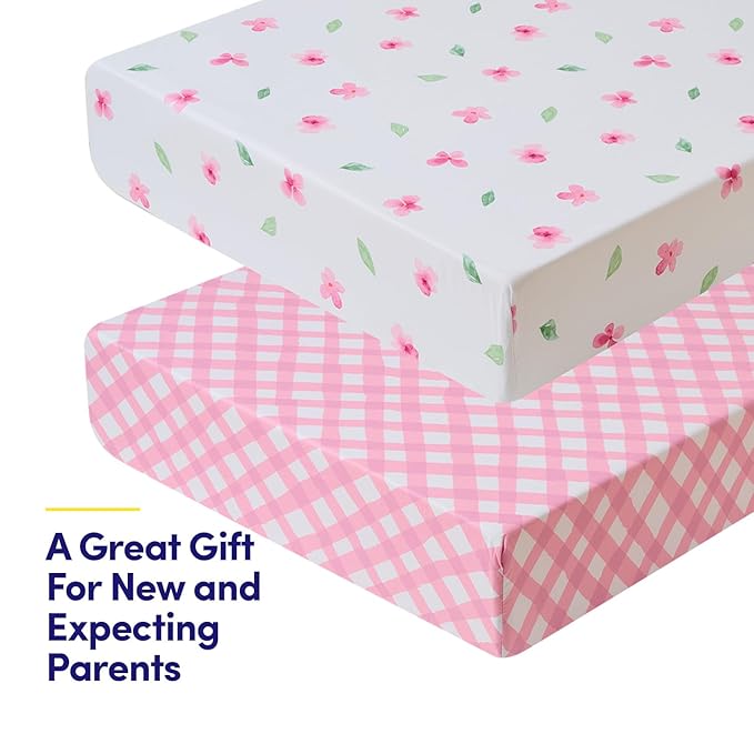 2 Pack Crib Sheets for Boys & Girls – Snug Full Elastic Fit for Standard Crib Mattresses (28″×52″) – Stylish Zoo Animals, Feathers, Gingham & Petals, Watercolor Vines Prints, Gingham & Petals