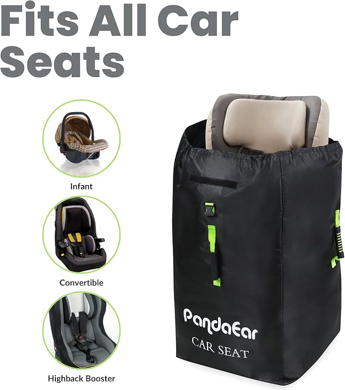 PandaEar Car Seat Travel Bag Backpack for Airplane, Water-Resistant Car Seat Cover with Shoulder Strap for Infant Convertible Seats & Booster Seat, Black