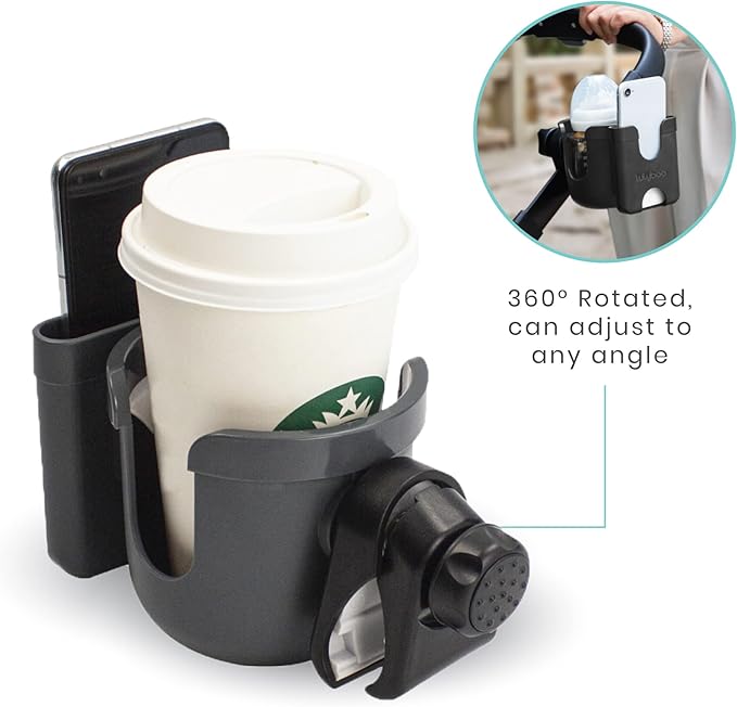 Lulyboo 2-in-1 Stroller Organizer with Phone & Cupholder, Adjustable, Rotatable, Lightweight & Durable, Fits All Phone Sizes & Beverage Bottles, Black