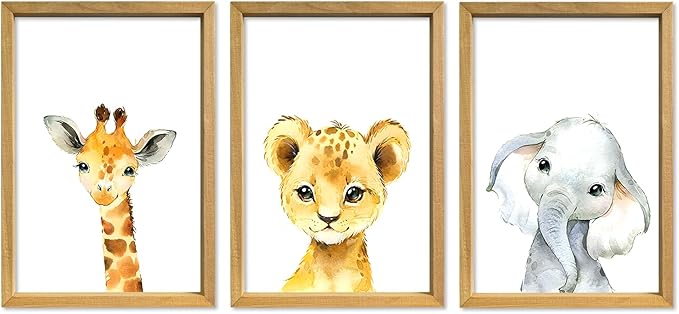 YWJKWLGS Baby Safari Nursery Wall Decor 16"x11" Set of 3 Cute Animal Giraffe Elephant Lion Prints Sign Wood Framed for Children's Room Wall Art (Wood)