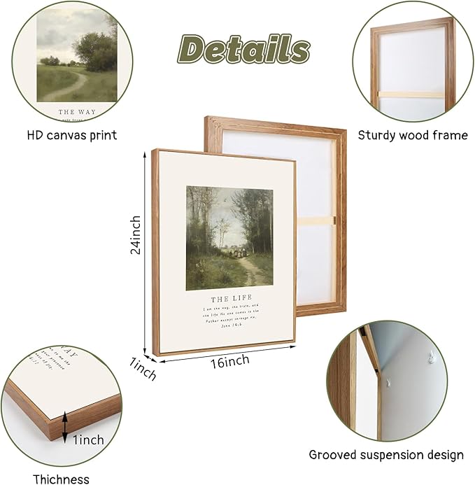 CHDITB Vintage Christian Framed Canvas Wall Art Set, The Way The Truth The Life Wall Decor, Bible Verse Artwork Scripture Wall Painting, Religious Art Prints for Living Room Bedroom Office 16"x24"x3