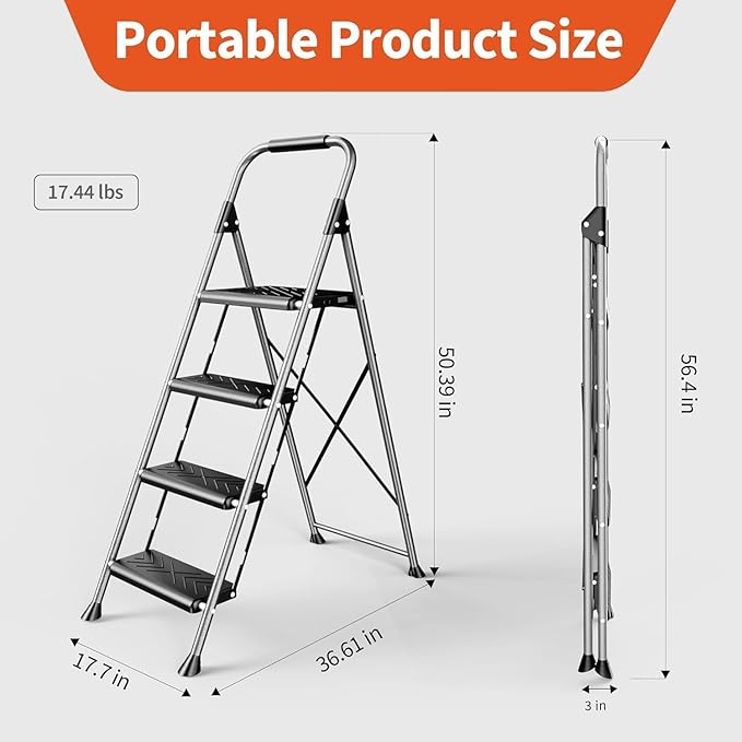 DIAMONDFORGE 4 Step Ladder, Folding Step Stool with Anti-Slip Wide Pedal, Soft Handle, Anti-Slip Feet, Heavy-Duty Steel Construction, 900lbs Capacity Steel Ladder for Office Home, Grey