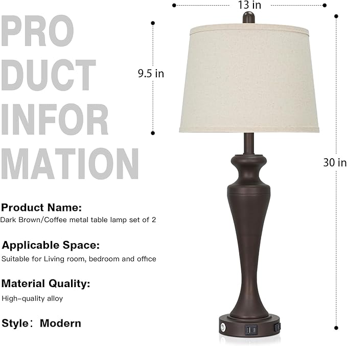luxeflow 30" Brown Table Lamps Set of 2, 3-Way Touch Control Bedside Lamp with USB A+C Ports and AC Outlet, Tall Living Room Lamps for End Table, Elegant Coffee Bedroom Lamp for Night Stand