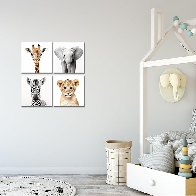 Kids Wall Art Cute Safari Animals Painting Picture for Nursery Children's Room Kids Bedroom Wall Decor Poster Giraffe/Lion/Elephant/Zebra Artwrok Framed,Set of 4