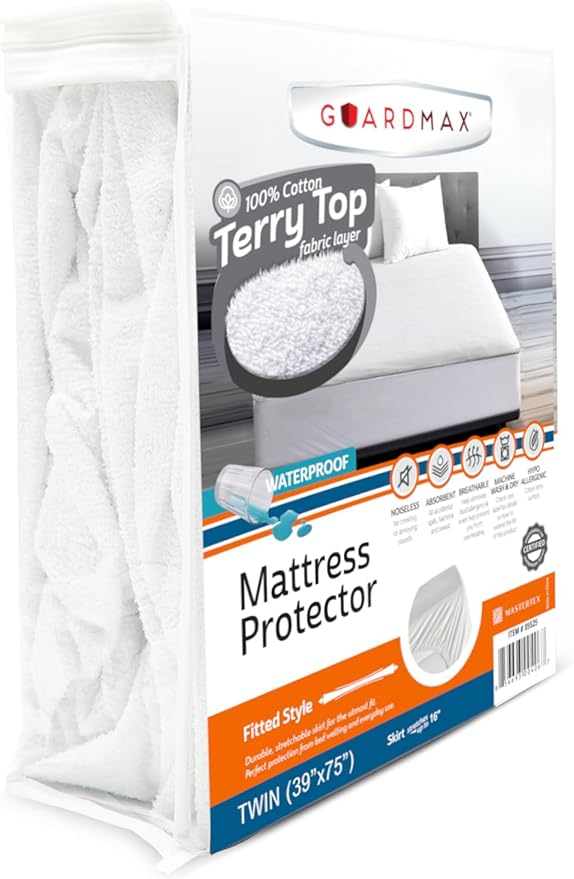 Guardmax Terry Cotton Twin Size Mattress Protector - Waterproof & Dust Mite Proof Mattress Cover with Stretchable Pockets - Soft, Comfortable, & Noiseless Waterproof Fitted Sheet.(39 x 75 x 13)