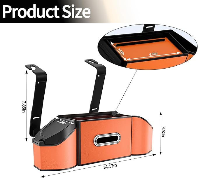 Oivjckx 7-In-1 Multifunctional Car Seat Back Organizer with Cup Holders, Tissue Box, Garbage Can & Hooks, Headrest Storage & Cup Holder for Backseat (Orange)